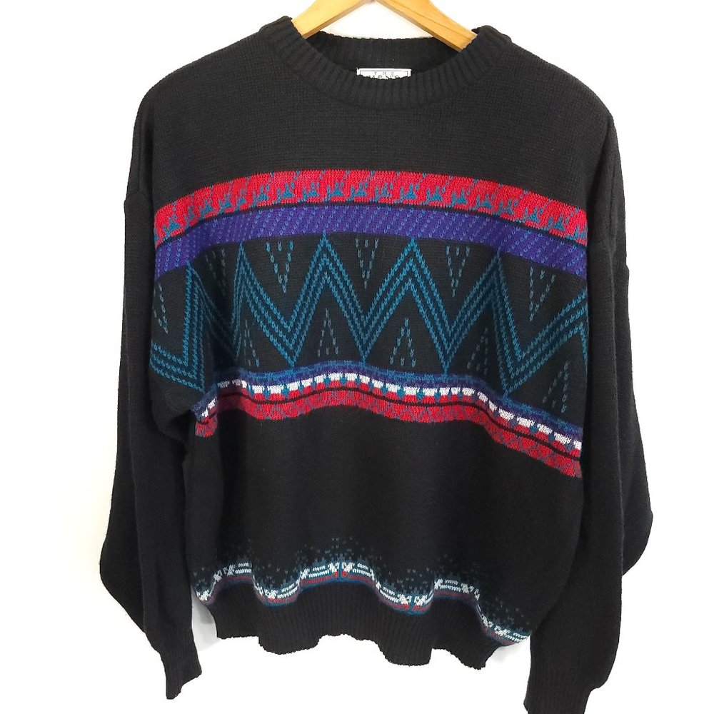 Vintage The Men's Store Sears Sweater XL Black Multicolor Geometric Design Retro